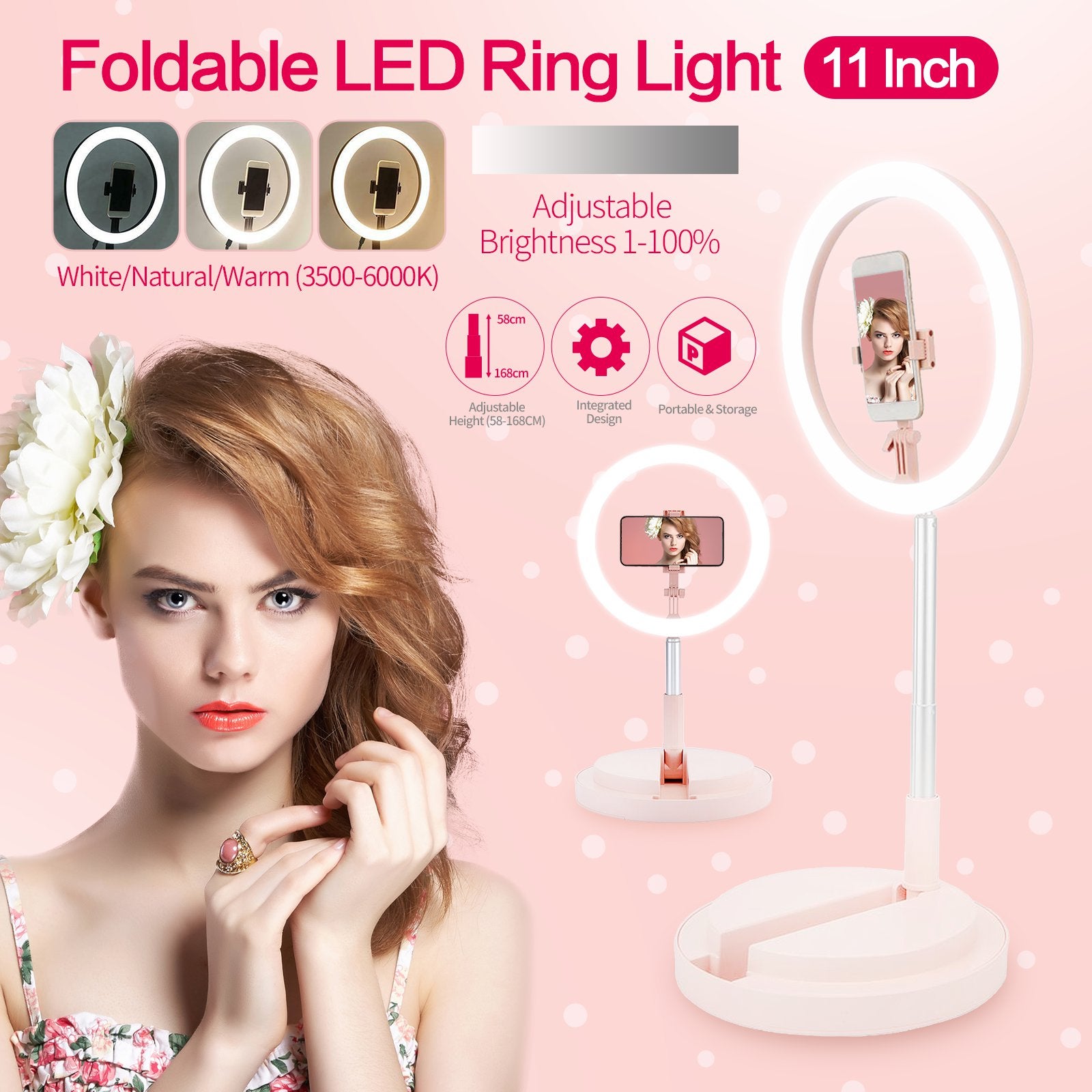 Pink Make up Studio LED Ring Light Dimmable Stand Camera Video Streaming Phone Live 6000K/11'