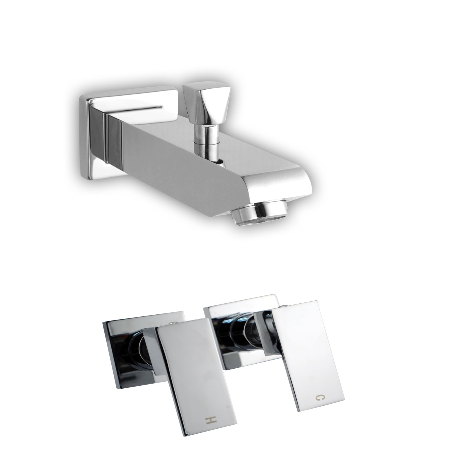 ACA Bath Square Spout With Shower Diverter 1/4 Turn Wall Taps Chrome