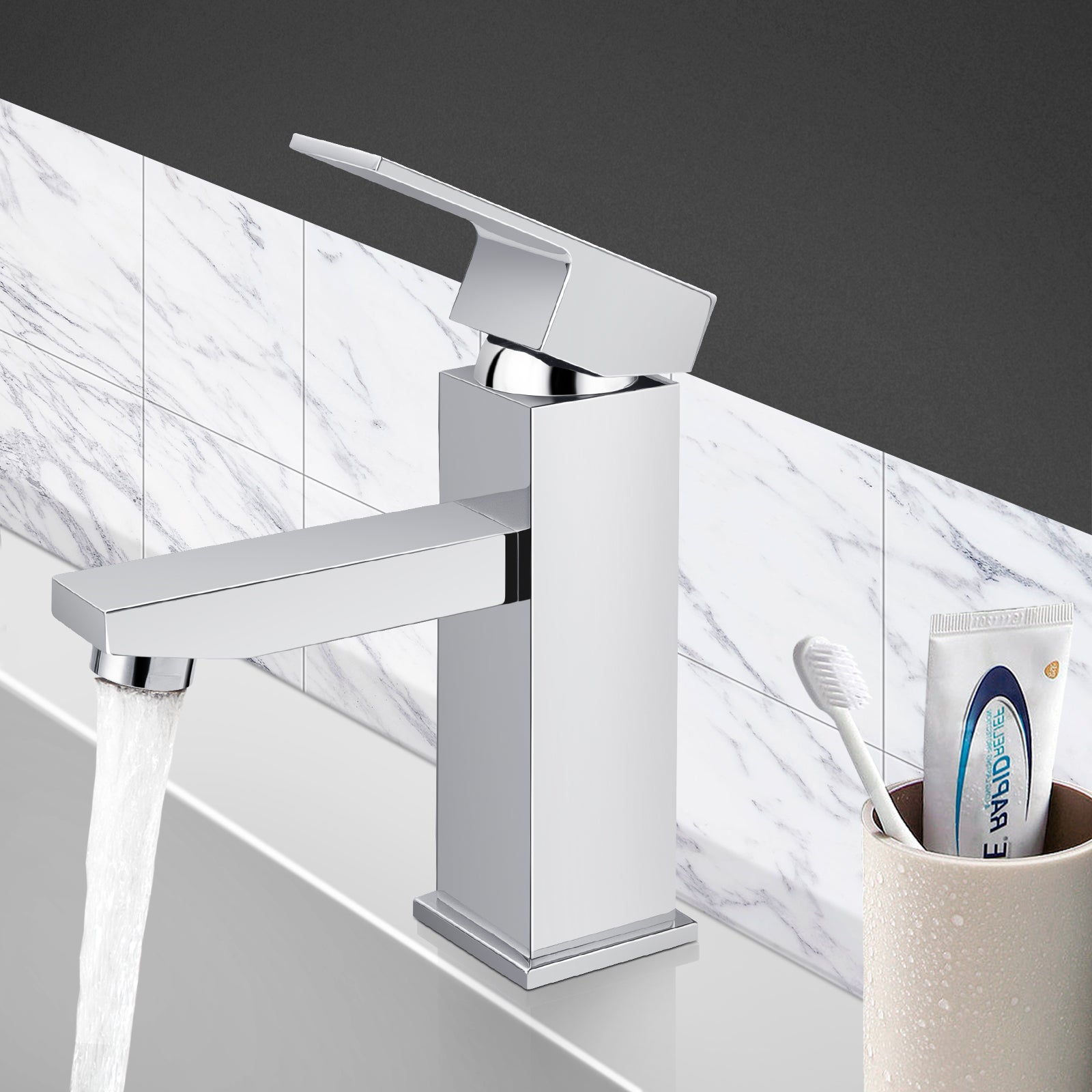 ACA Silver Bathroom Tap Square Mixer Taps Sink Basin Faucet Vanity Counter Top WELS Chrome