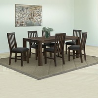 Nowra Solid Acacia Timber Medium Size Chocolate Colour Dining Table With 6X Linen Upholstered Chair