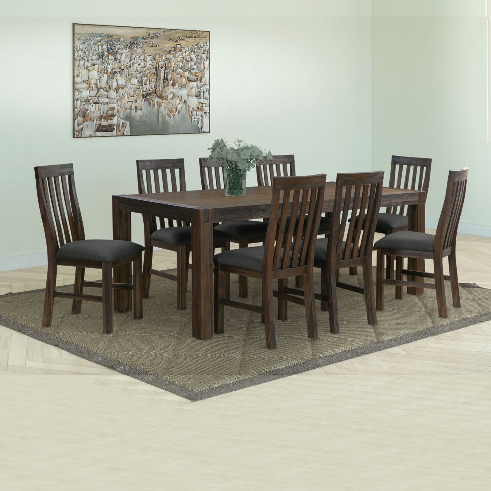 Nowra Solid Acacia Timber Large Size Chocolate Colour Dining Table With 8X Linen Upholstered Chair
