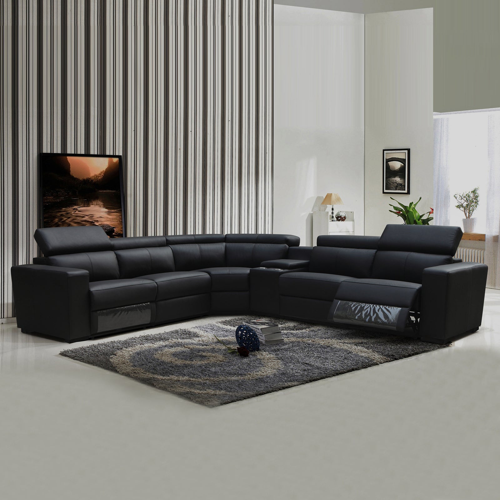 6 Seater Real Later sofa Black Color Lounge Set for Living Room Couch with Adjustable Headrest