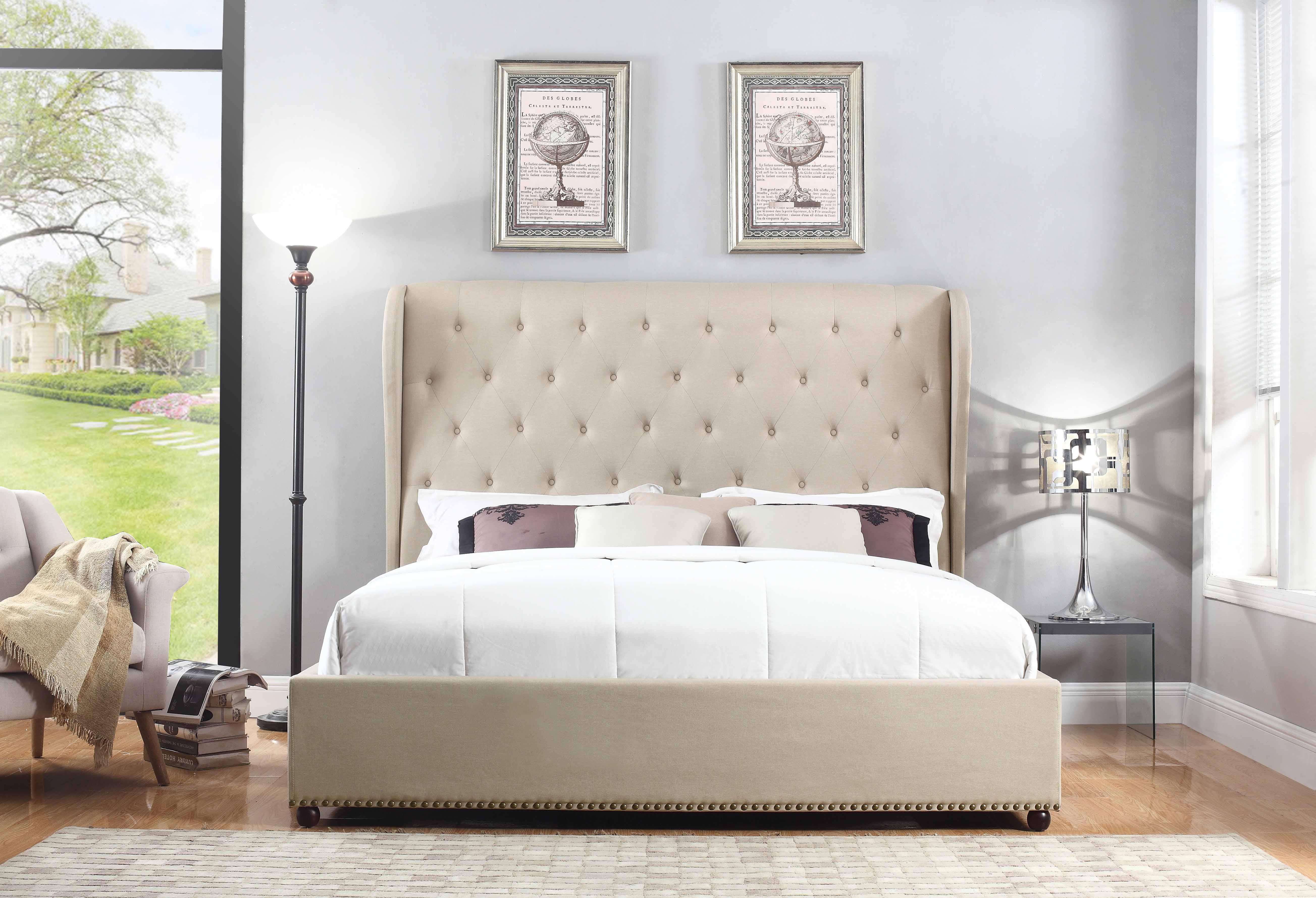 Bed Frame Queen Size in Beige Fabric Upholstered French Provincial High Bedhead