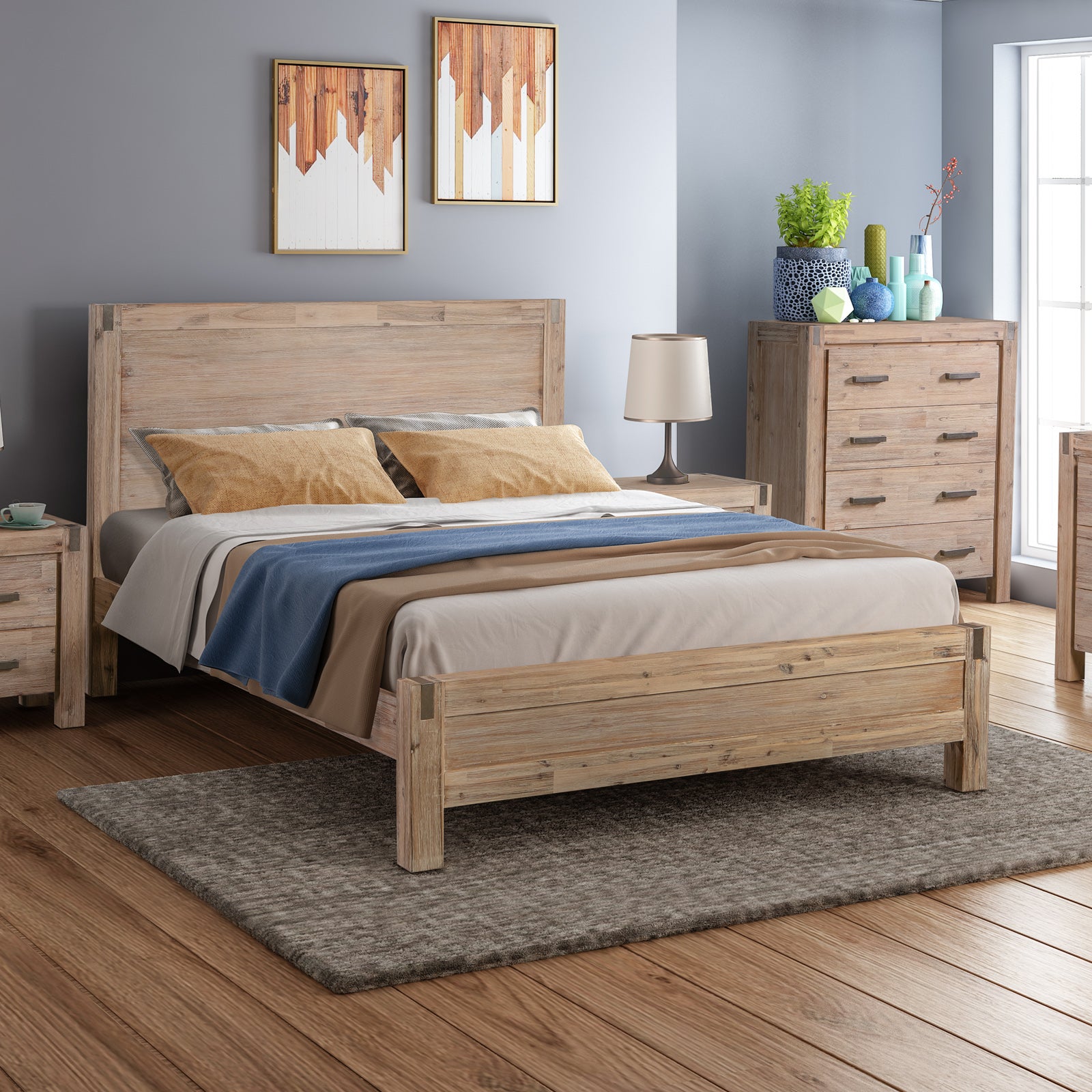 Single size Bed Frame in Solid Acacia Wood with Medium High Headboard in Oak Colour