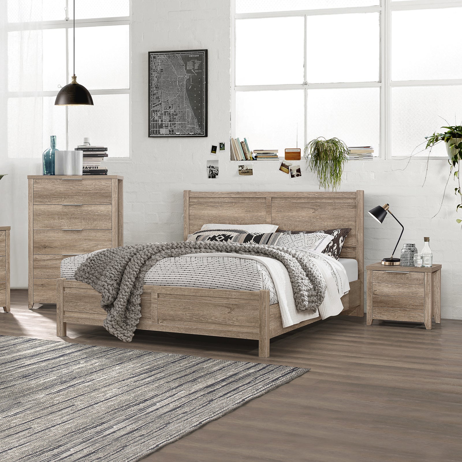 Cielo Natural Wood Like MDF Bedroom Suite 4 Pcs Queen Size White Ash Colour with Tallboy