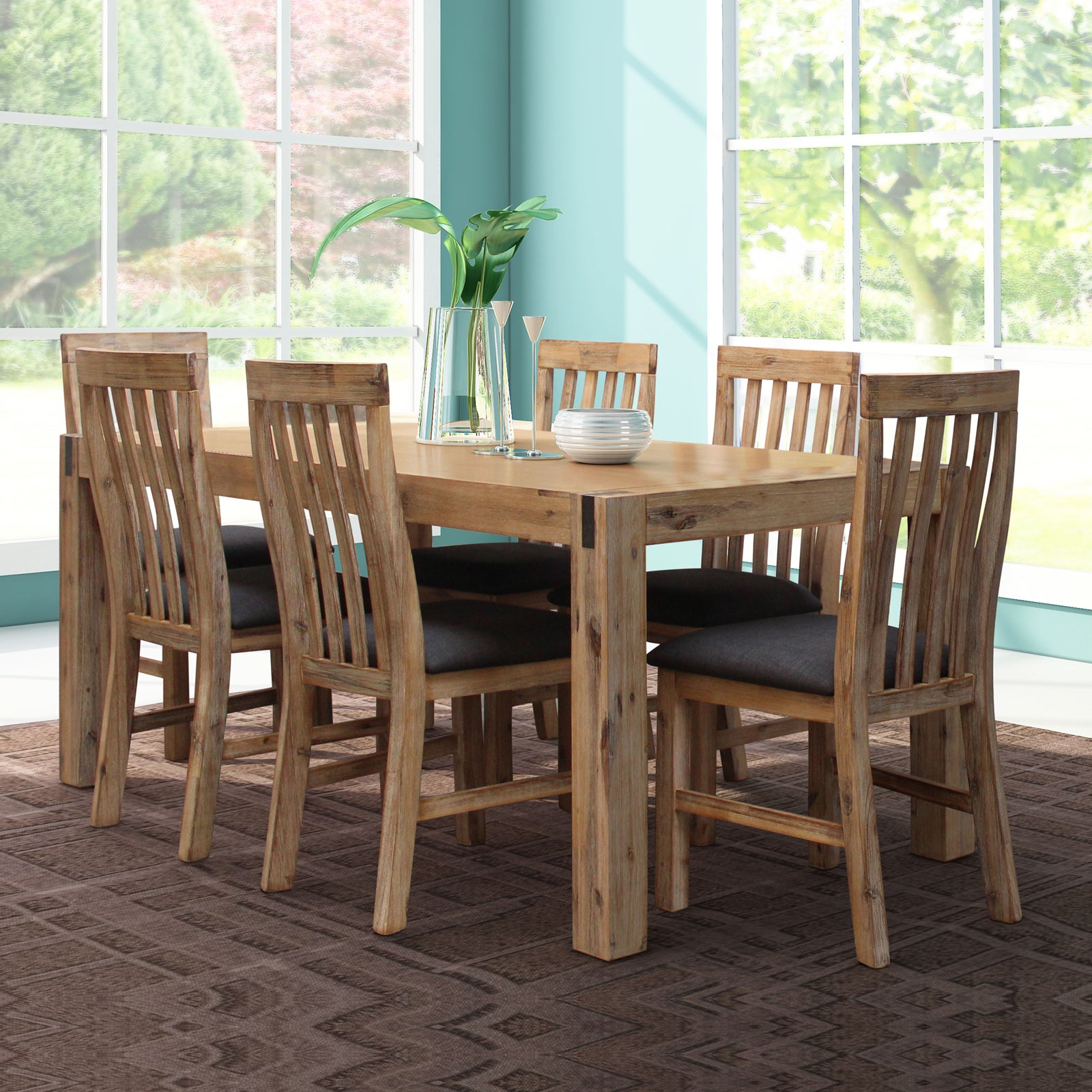 Nowra Solid Acacia Timber Large Size Oak Colour Dining Table With 8X Linen Upholstered Chair