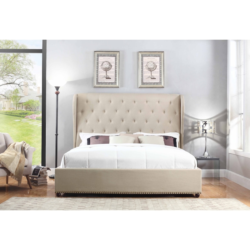 Paris King Size Fabric Bed Frame W Buttons In Beige 