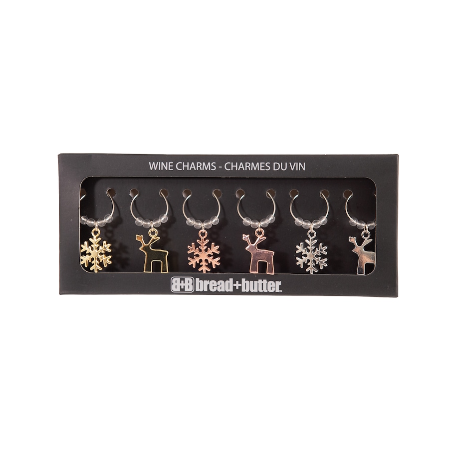 Bread and Butter (3) Snowflake and (3) Reindeer Wine Glass Charms - 6 Pack