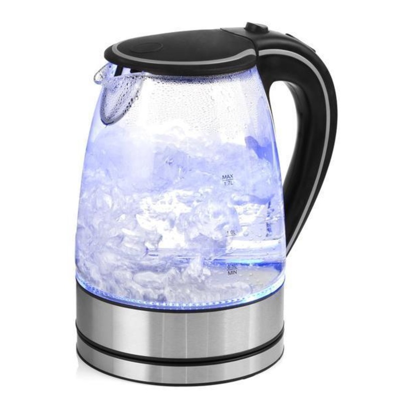 Glass Kettle Electric LED Light Kitchen Water Jug Stainless Steel 1.7L Blue LED, Black Base