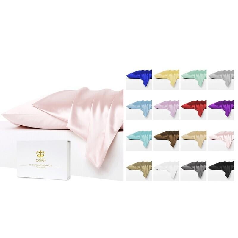 Set of 2 Luxor Crown Mulberry Silk Pillowcases in 16 Colours