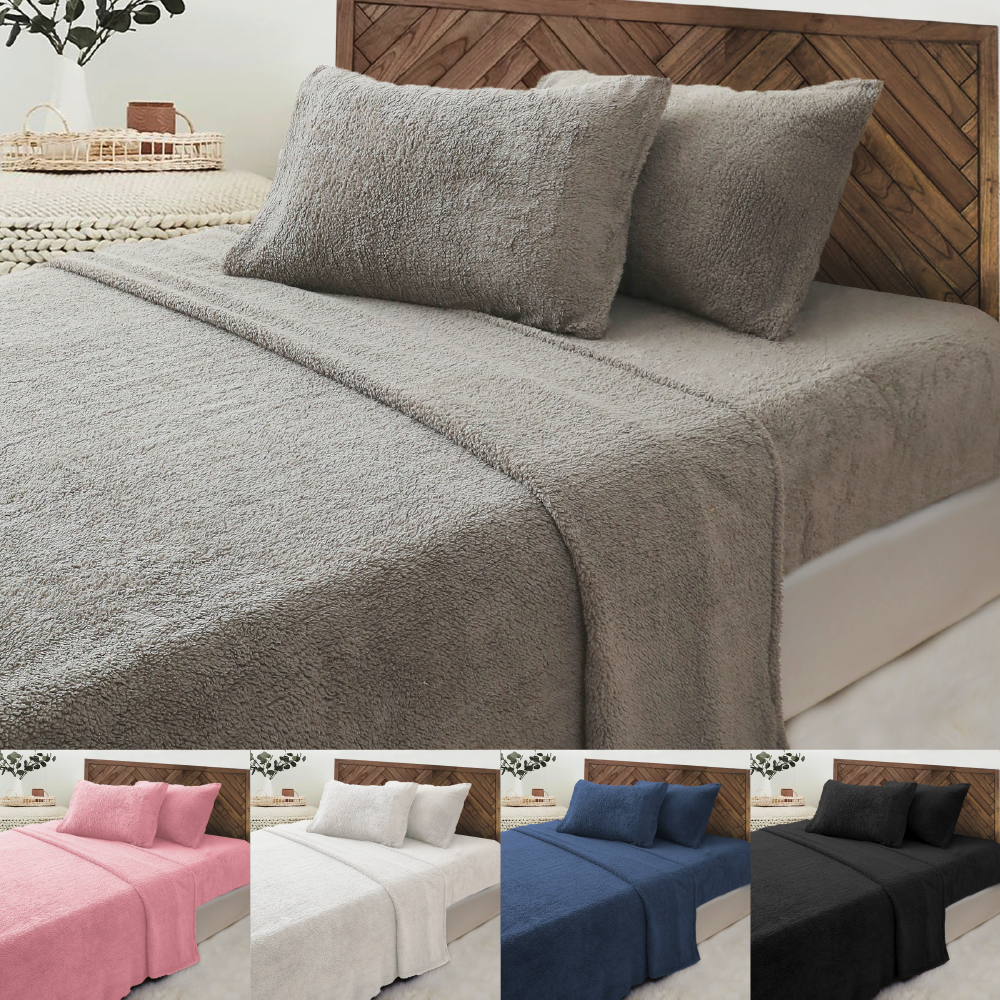 Luxor Teddy Bear Fleece Fitted Flat Sheet + Pillowcase Set in 5 Colors