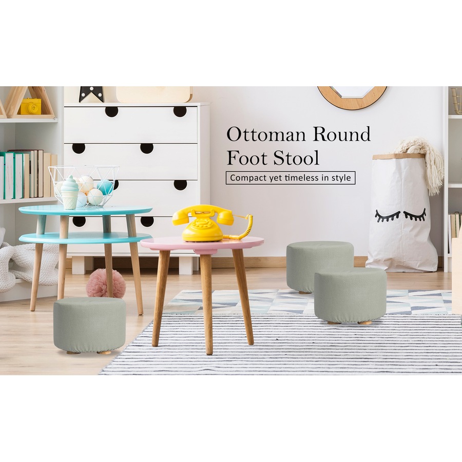2X Fabric Ottoman Round Wooden Leg Foot Stool - GREY