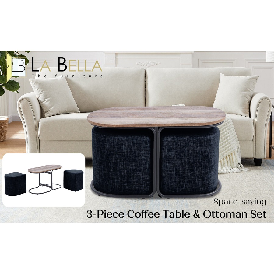 3 Piece Set Coffee Table & Ottoman Wood Side End Table Industrial - Black