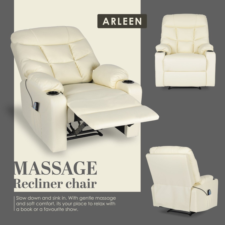 8-Point Electric Massage Recliner Chair - PU Leather Lounge Sofa Armchair ARLEEN BEIGE