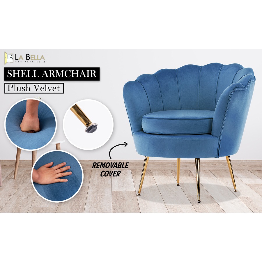 Armchair Padded Lounge Chair Accent Velvet Shell Scallop NAVY BLUE