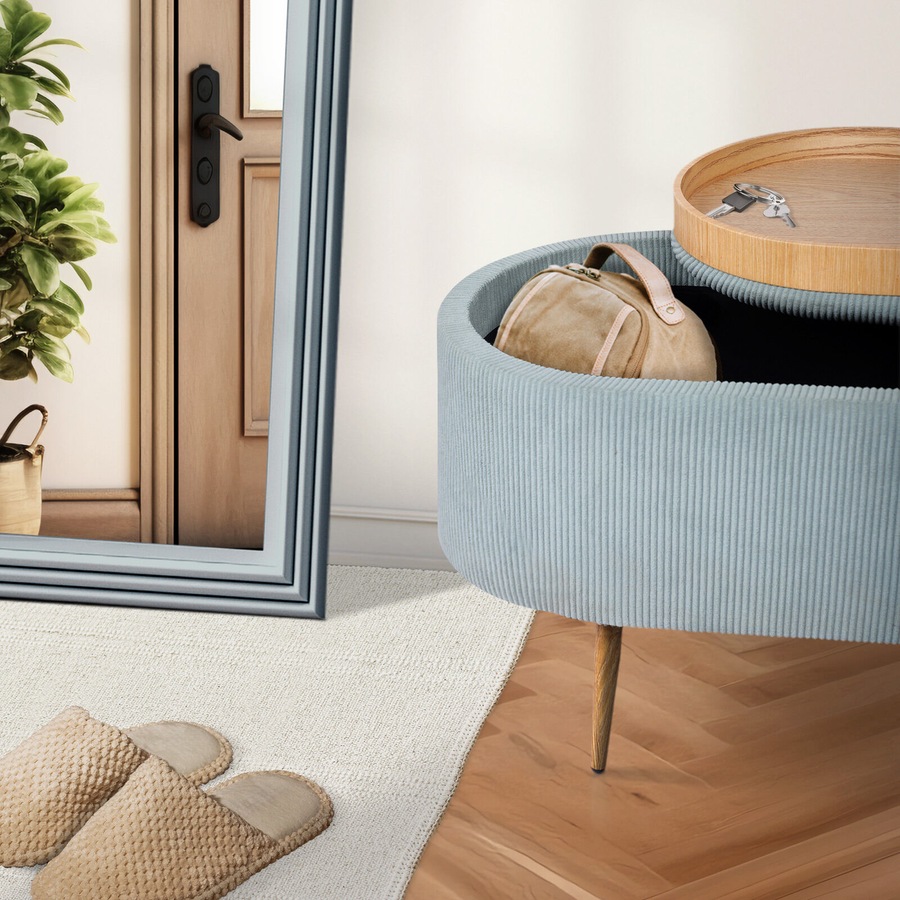 Coffee Table Storage Ottoman - Corduroy Padded Blanket Box Bench ESME - DUSTY BLUE