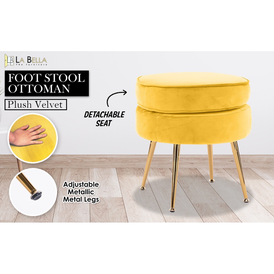Ottoman Foot Stool Velvet Fabric Metal Leg Round YELLOW