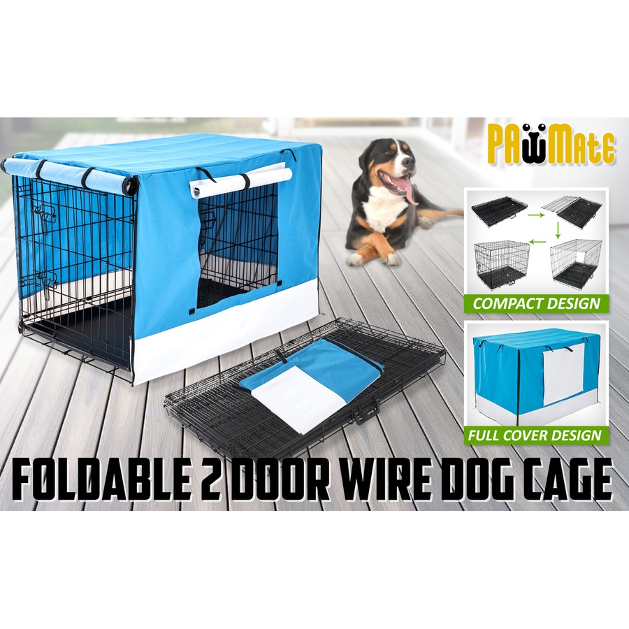 Wire Dog Cage Foldable Crate Kennel 24in with Tray + BLUE Cover Combo
