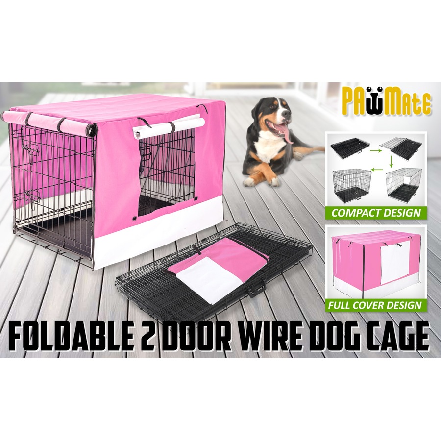 Wire Dog Cage Foldable Crate Kennel 48in with Tray + PINK Cover Combo
