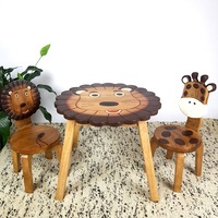 Kids Wooden Table + 2 Chairs Set Lion Design Carved Timber Children Furniture