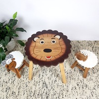 Kids Wooden Table + 2 Stool Set Lion Design MANGO TREES Timber Children Furnitur