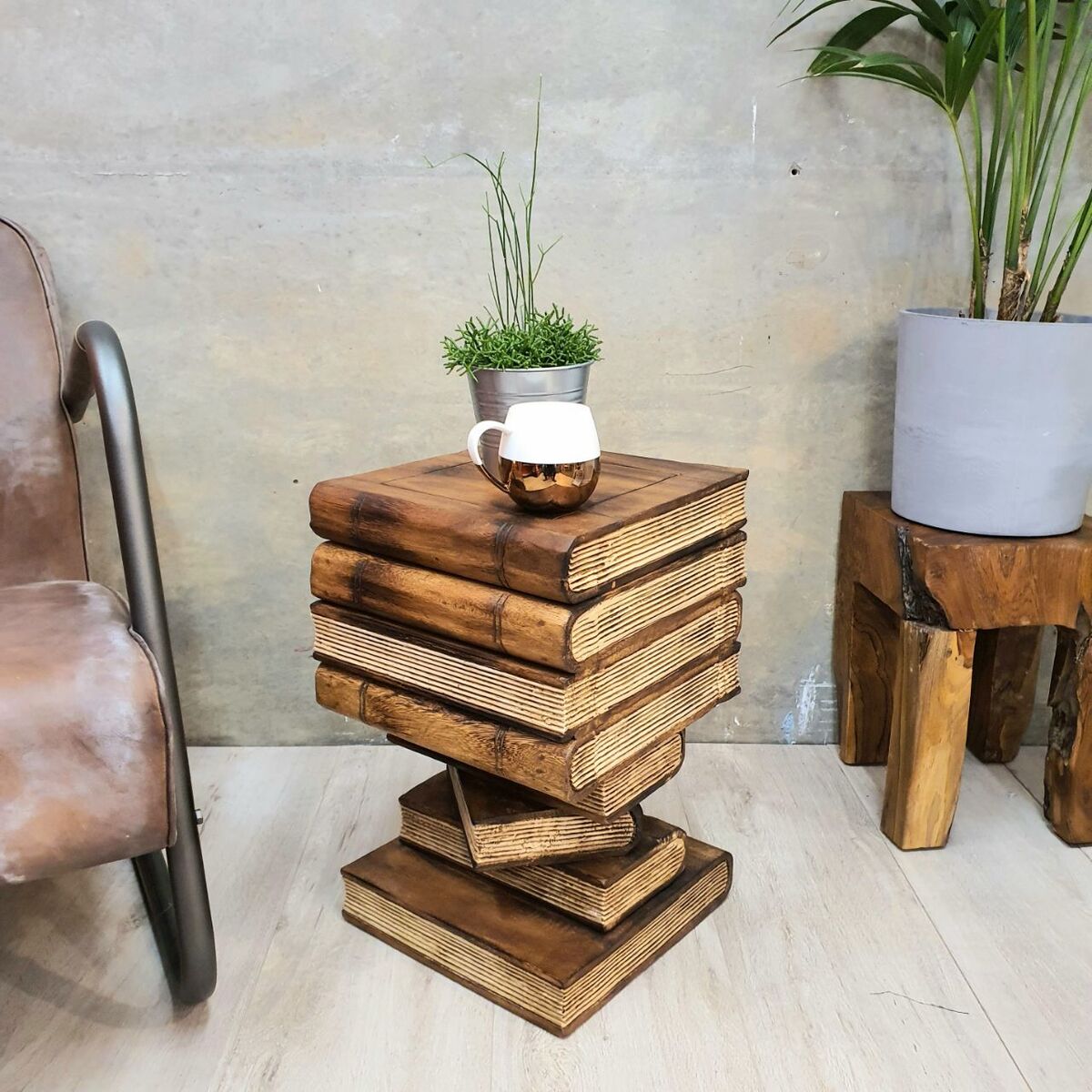 Solid Timber Corner Side Table Book Stack Plant Stand w/ Storage Compartment NB