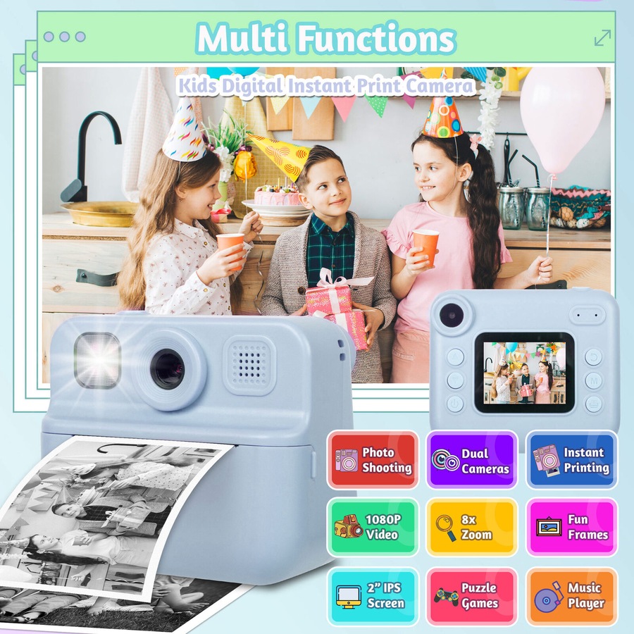 Lenoxx Kids 48MP Instant Print Camera with Dual Lens and 1080P HD Video (Blue)