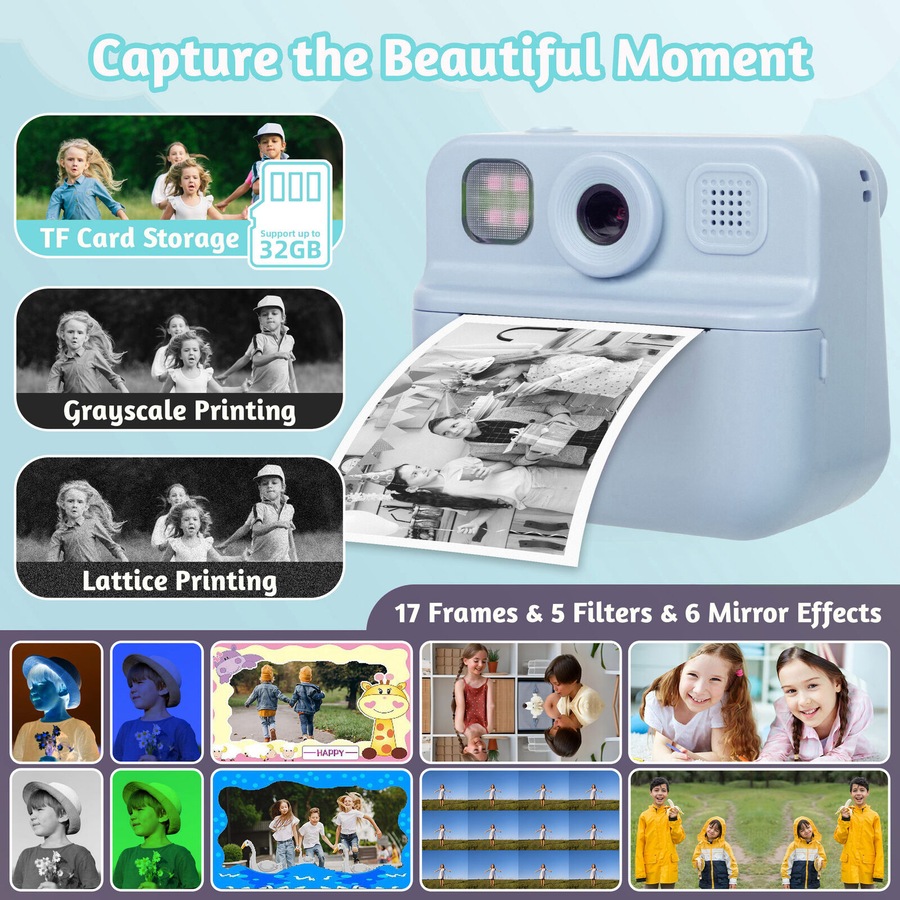 Lenoxx Kids 48MP Instant Print Camera with Dual Lens and 1080P HD Video (Blue)