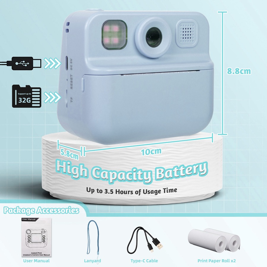 Lenoxx Kids 48MP Instant Print Camera with Dual Lens and 1080P HD Video (Blue)