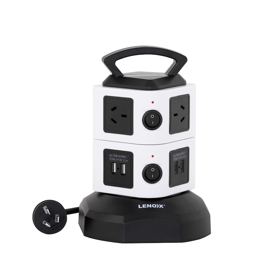 Lenoxx Tower Power Board with 6 Outlets + 2X USB A & 2X USB C