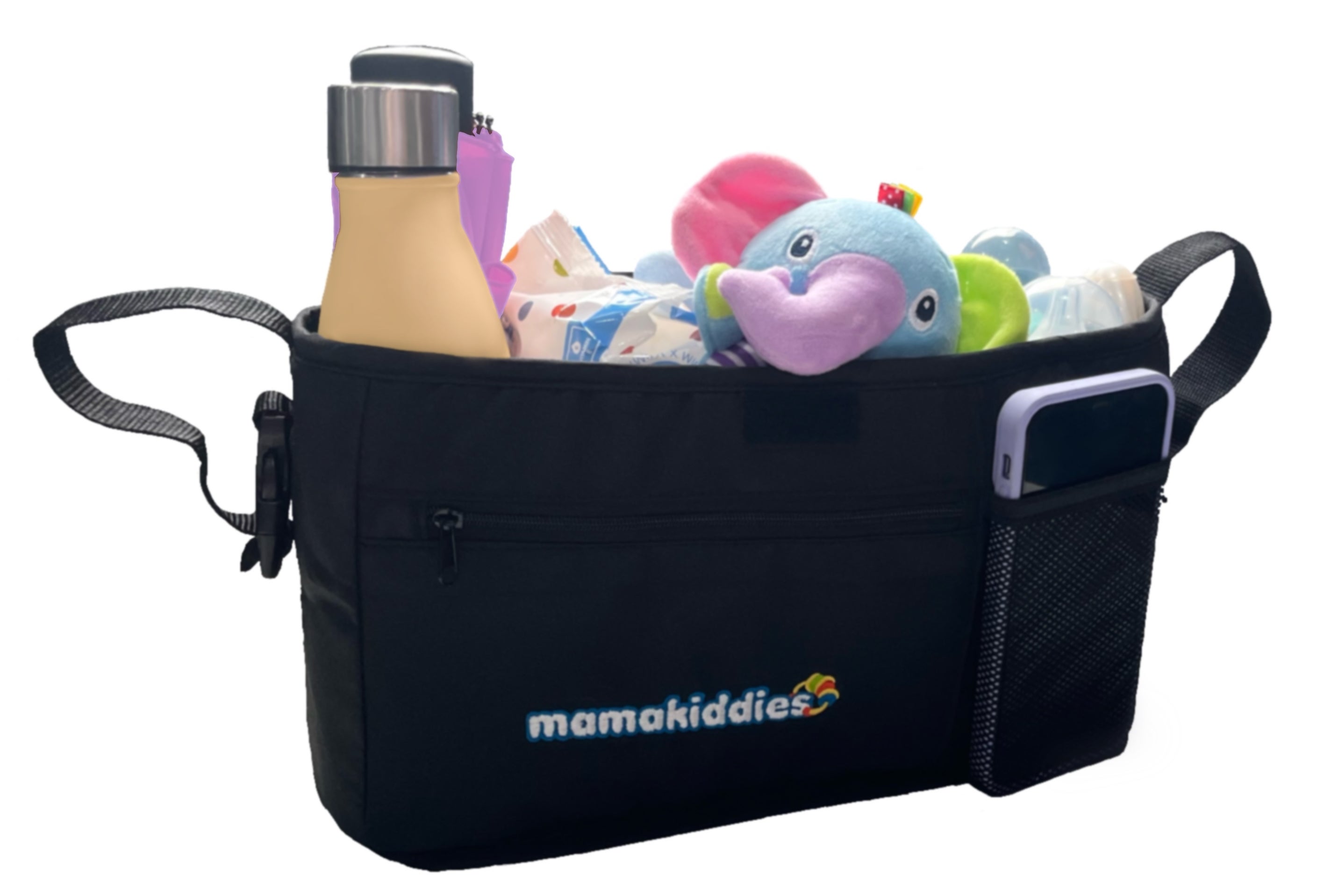 MamaKiddies Baby Stroller Organiser Bag Universal Fit Large Pram Organiser Comes with Cup Holders Water Resistant Safe and Durable Black Colour