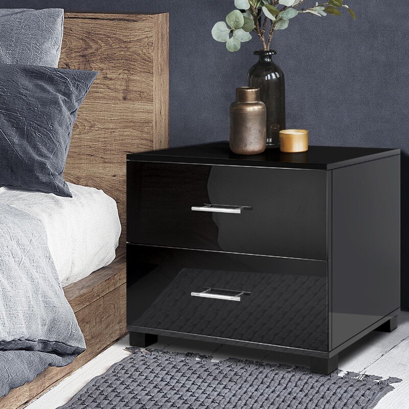Bedside 2 Drawers High Gloss Night Table Bedroom Chest Storage