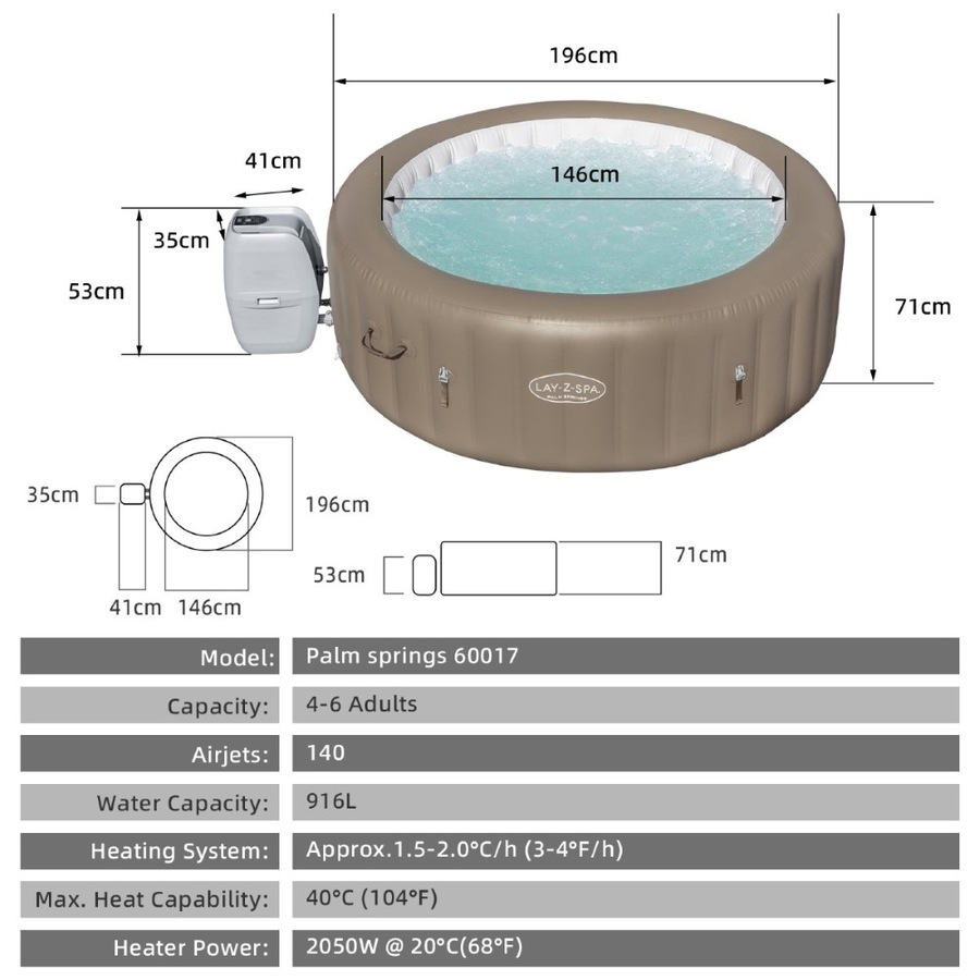 Bestway Lay-Z-Spa Palm Springs 60017 140 Jets 4-6 People 196x71cm Hot Tub Spa Massage