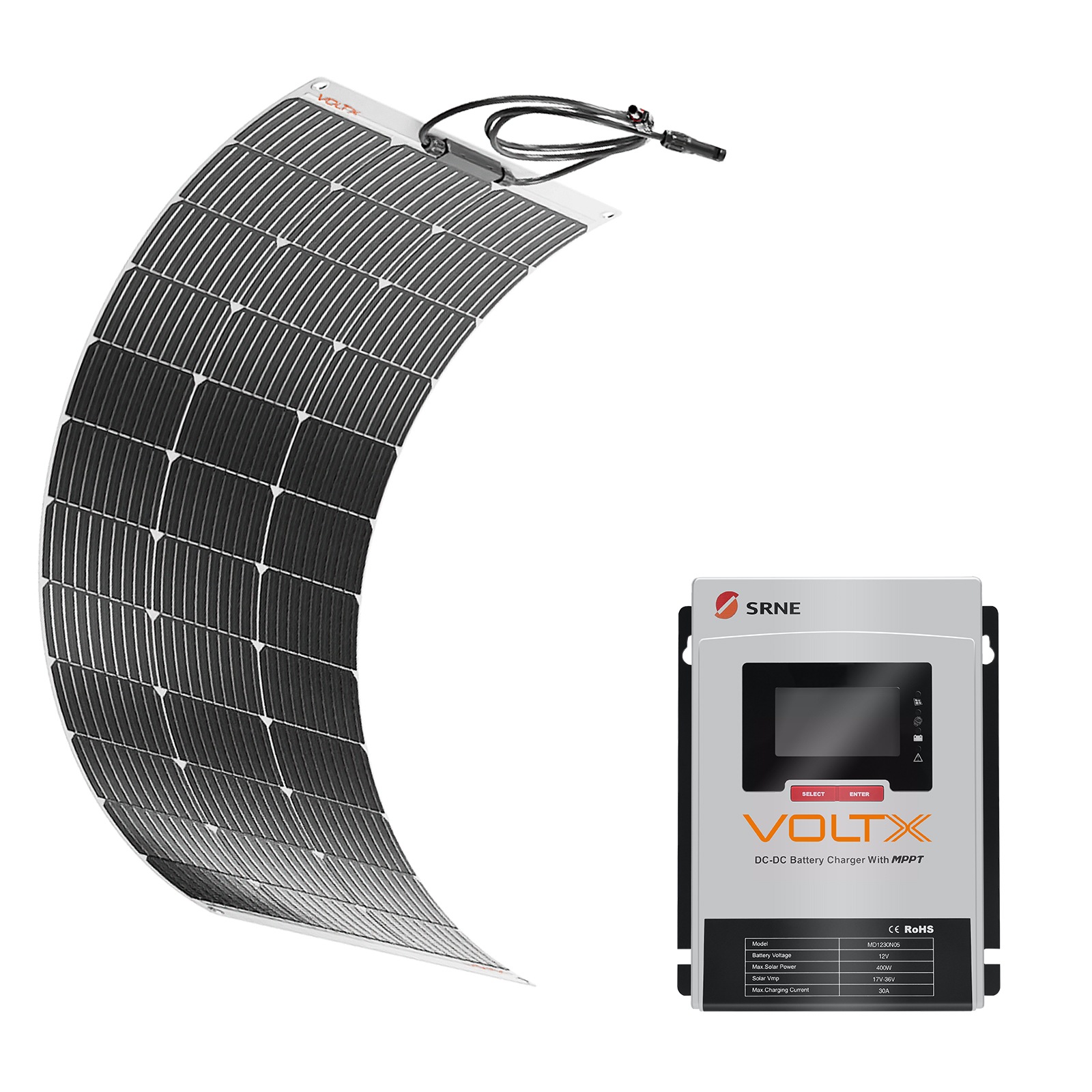 VoltX 100W Solar Panel Flexible + 30A DC to LiFePO4 Battery Charger