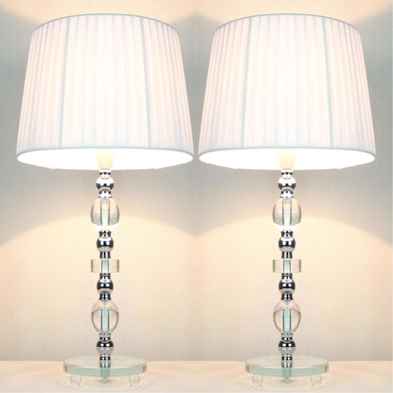 2 Vintage Bedside Table Glass Base Lamps w Shades