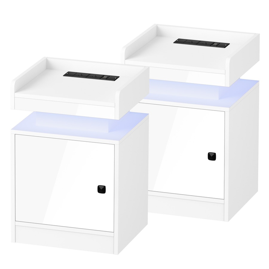 Oikiture 2x Bedside Table LED Nightstand USB Charging Station Side Table White