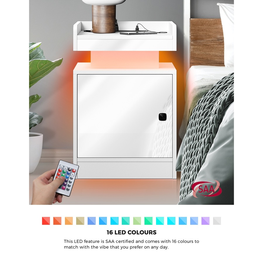 Oikiture 2x Bedside Table LED Nightstand USB Charging Station Side Table White