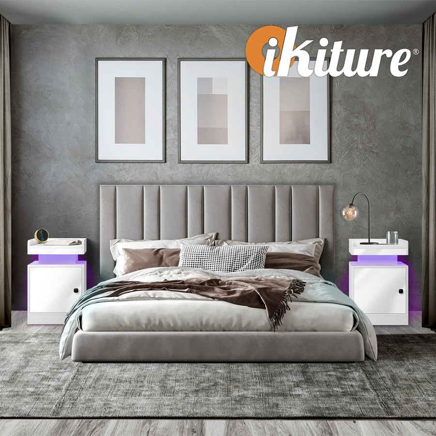 Oikiture 2x Bedside Table LED Nightstand USB Charging Station Side Table White