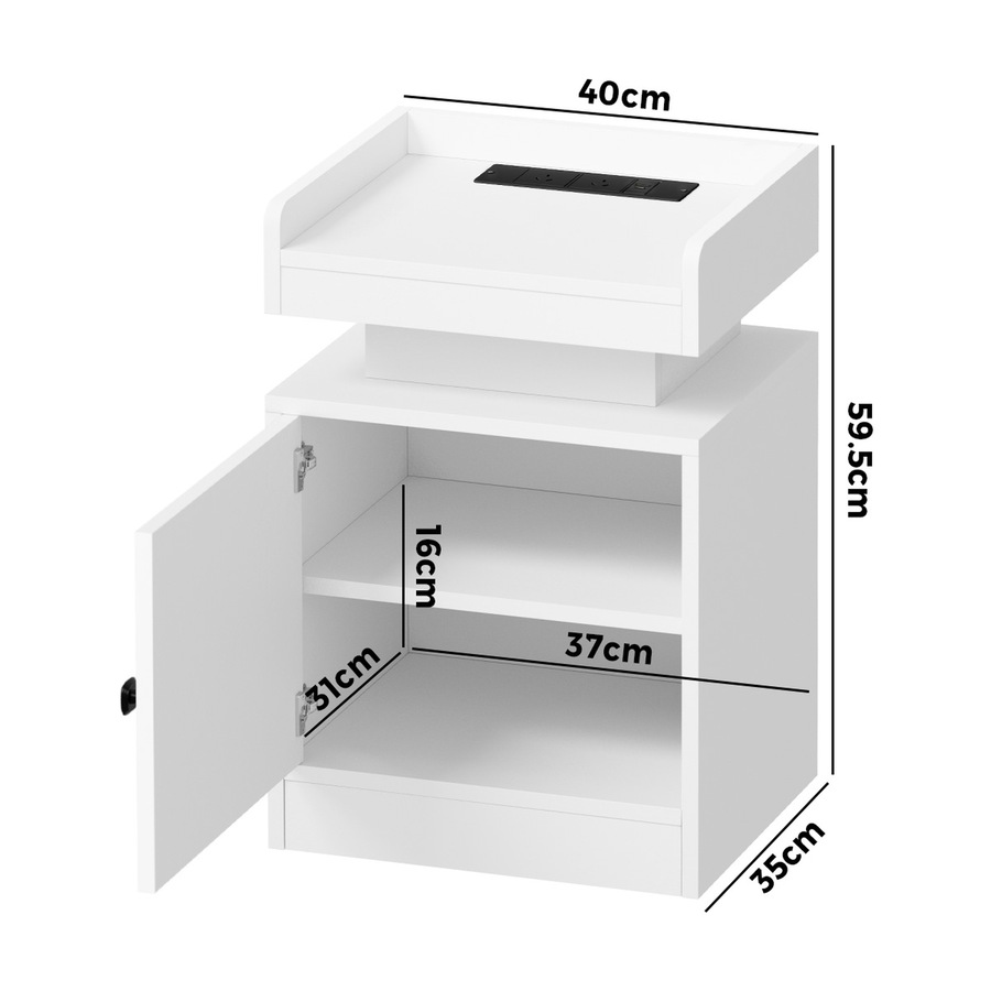 Oikiture 2x Bedside Table LED Nightstand USB Charging Station Side Table White