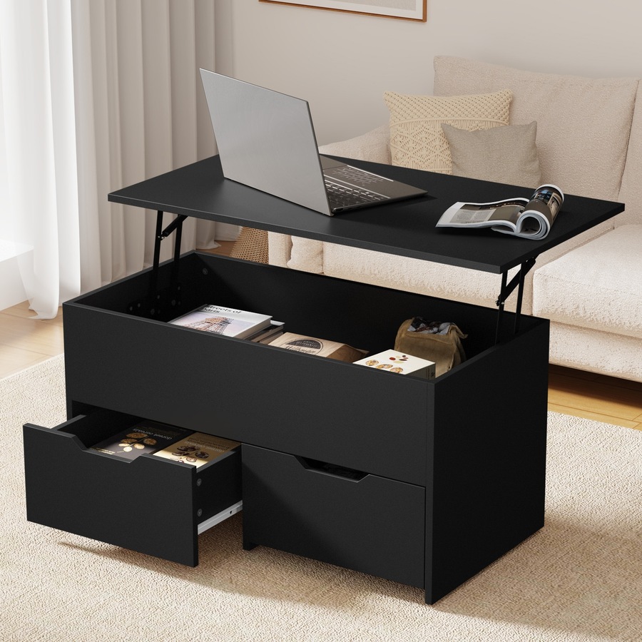 Oikiture Coffee Table Lift Up Top Hidden Storage Laptop Desk 2 Drawers Black