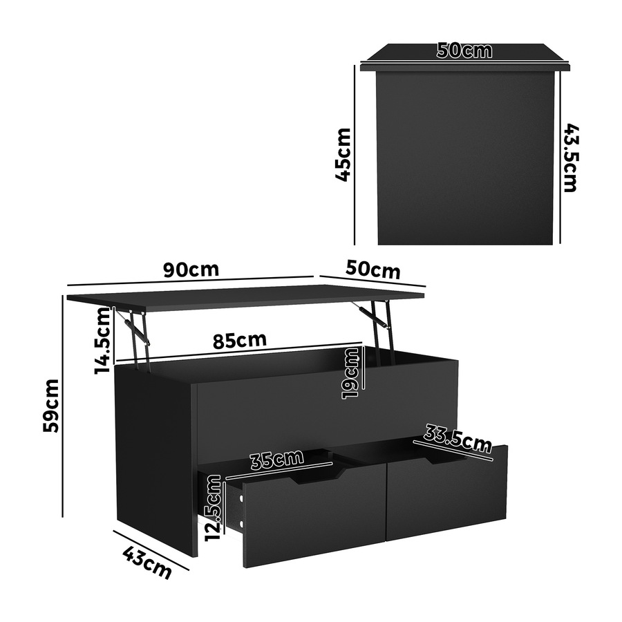 Oikiture Coffee Table Lift Up Top Hidden Storage Laptop Desk 2 Drawers Black