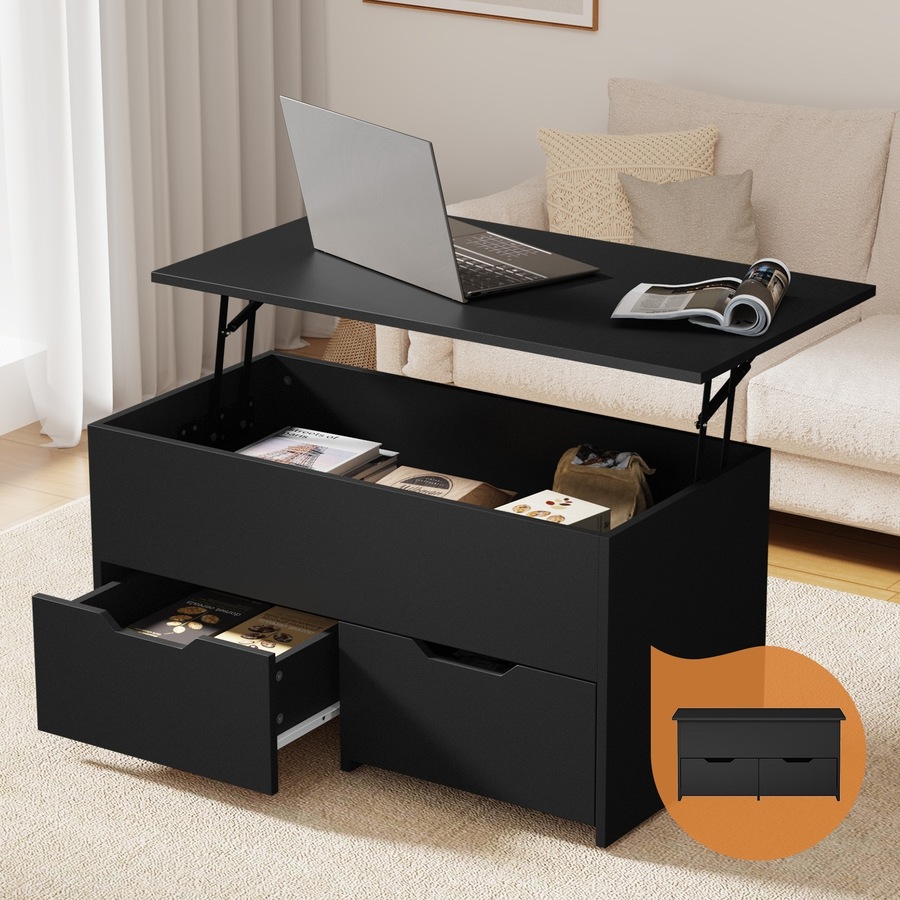 Oikiture Coffee Table Lift Up Top Hidden Storage Laptop Desk 2 Drawers Black