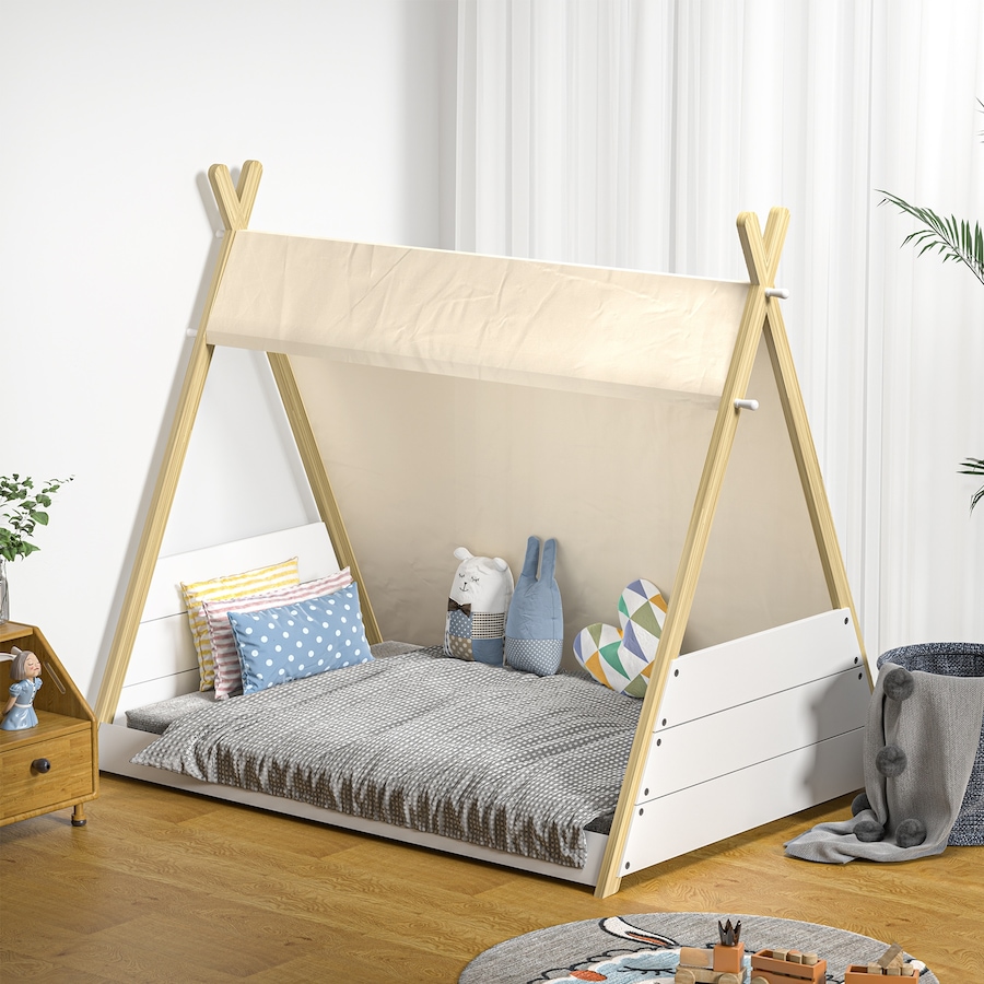 Oikiture Kids Bed Frame Wooden Timber Single Canvas Teepee Bed Frame Platform