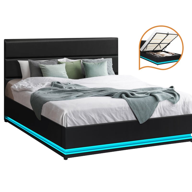 Buy Oikiture RGB LED Bed Frame Double Size Gas Lift Base With Storage ...