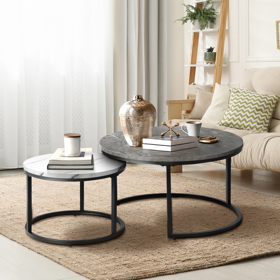 ikiture Set of 2 Coffee Table Round Marble-like Nesting Side Tables Grey White