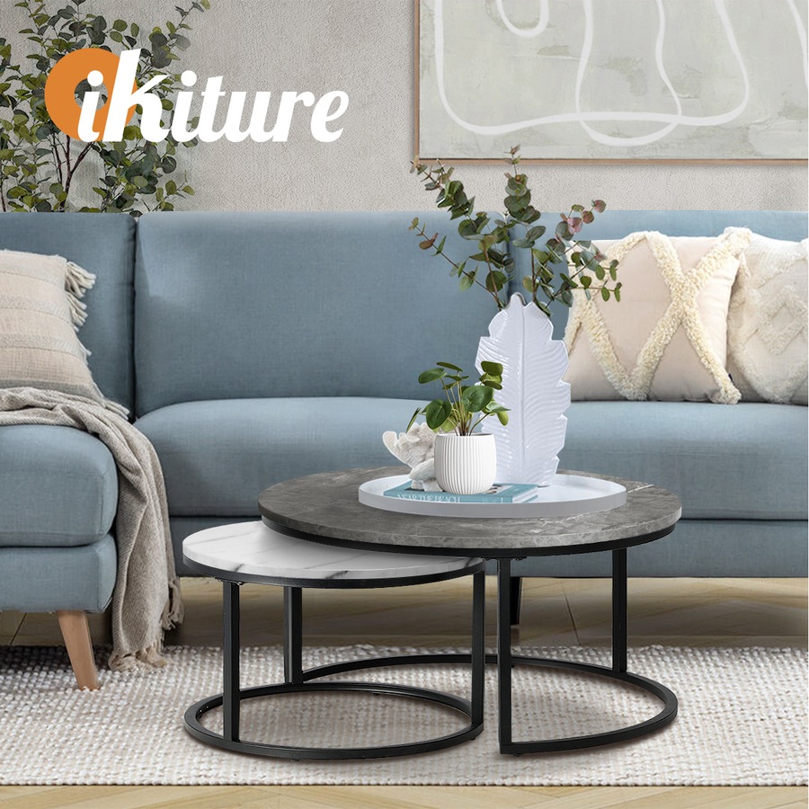 ikiture Set of 2 Coffee Table Round Marble-like Nesting Side Tables Grey White