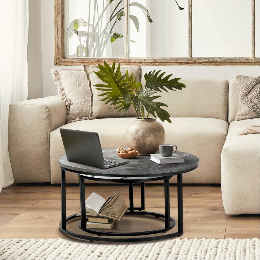 ikiture Set of 2 Coffee Table Round Marble-like Nesting Side Tables Grey White