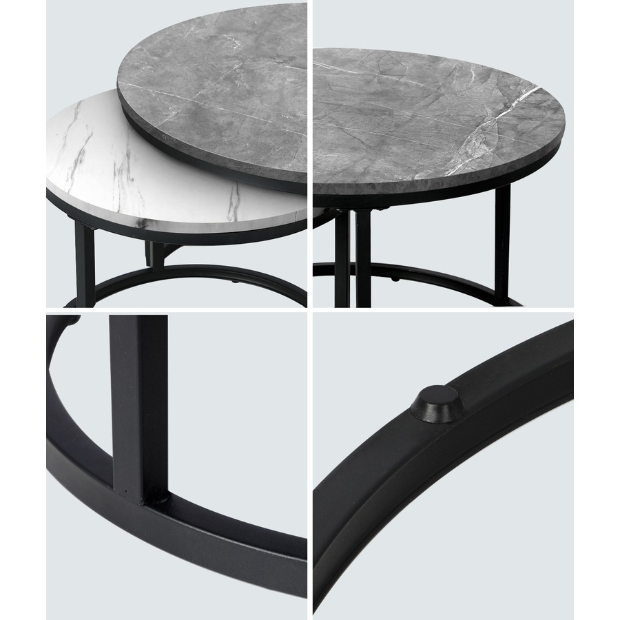 ikiture Set of 2 Coffee Table Round Marble-like Nesting Side Tables Grey White