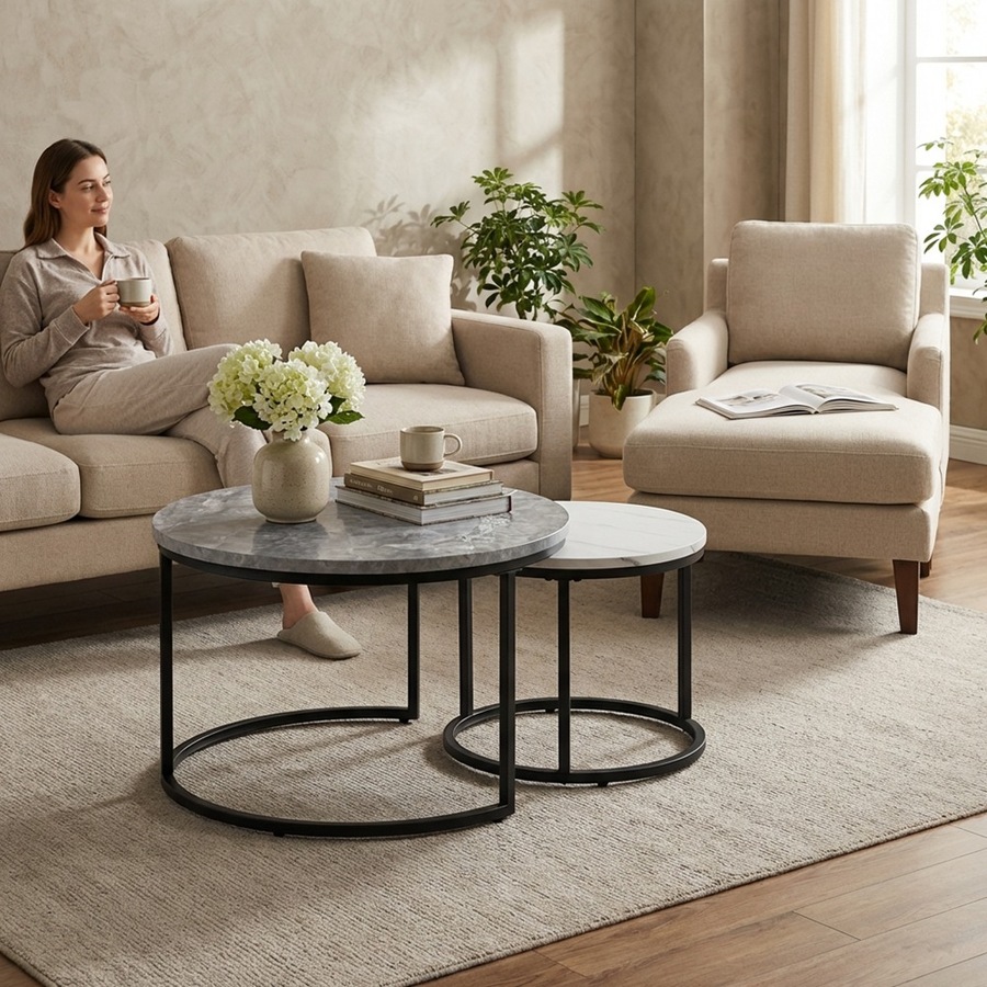 ikiture Set of 2 Coffee Table Round Marble-like Nesting Side Tables Grey White