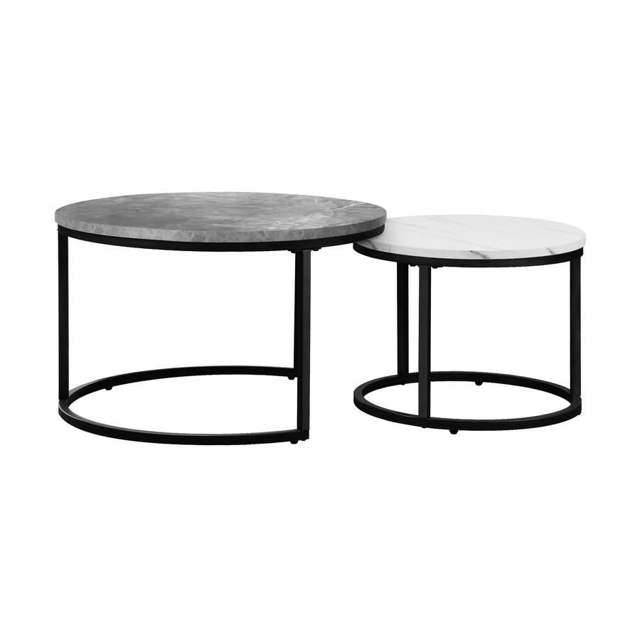 ikiture Set of 2 Coffee Table Round Marble-like Nesting Side Tables Grey White
